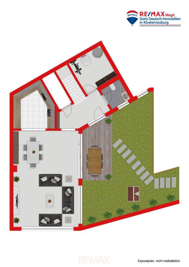 Grundriss des Erdgeschosses mit offenem Wohnbereich, Terrasse und Garten.