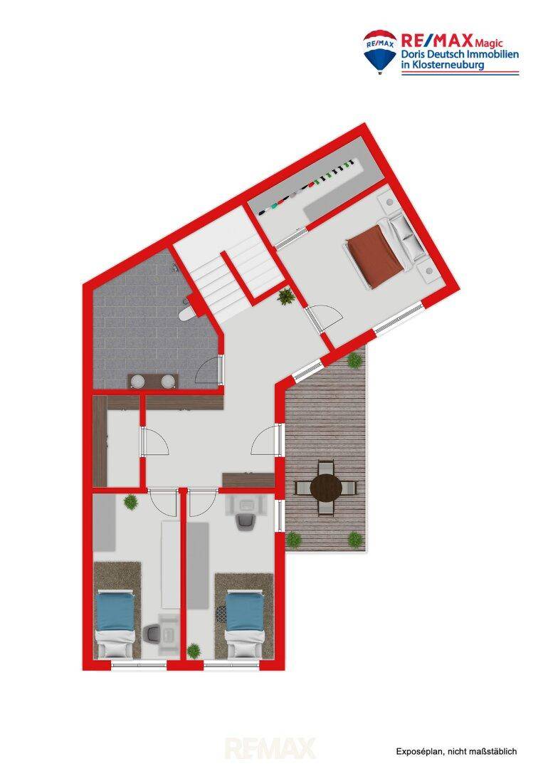 Grundriss des Obergeschosses mit Schlafzimmern, Bädern und Zugang zur Terrasse.