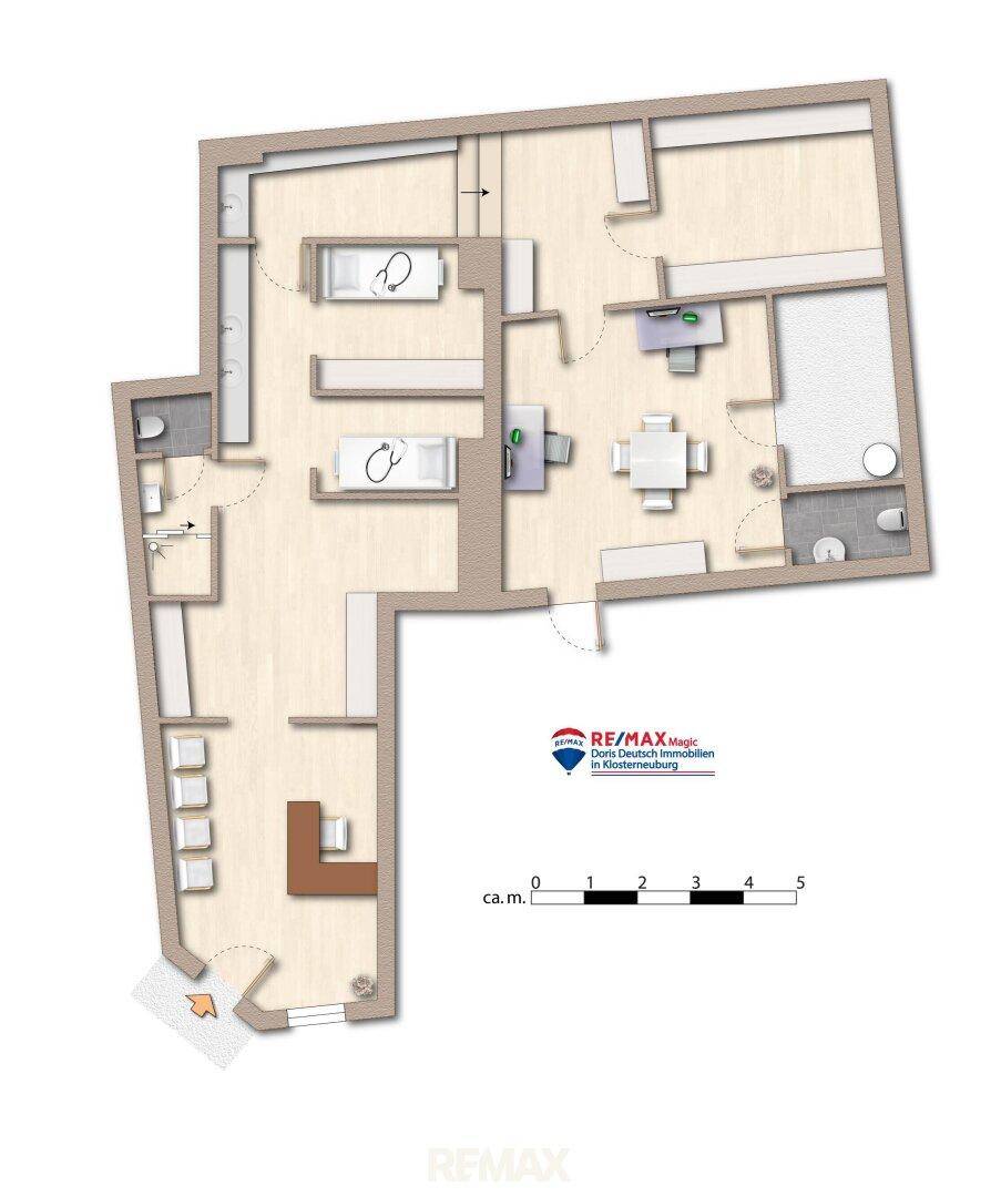 Detaillierter Grundriss der Immobilie mit mehreren Räumen, Bädern und einem Büro, übersichtlich dargestellt.