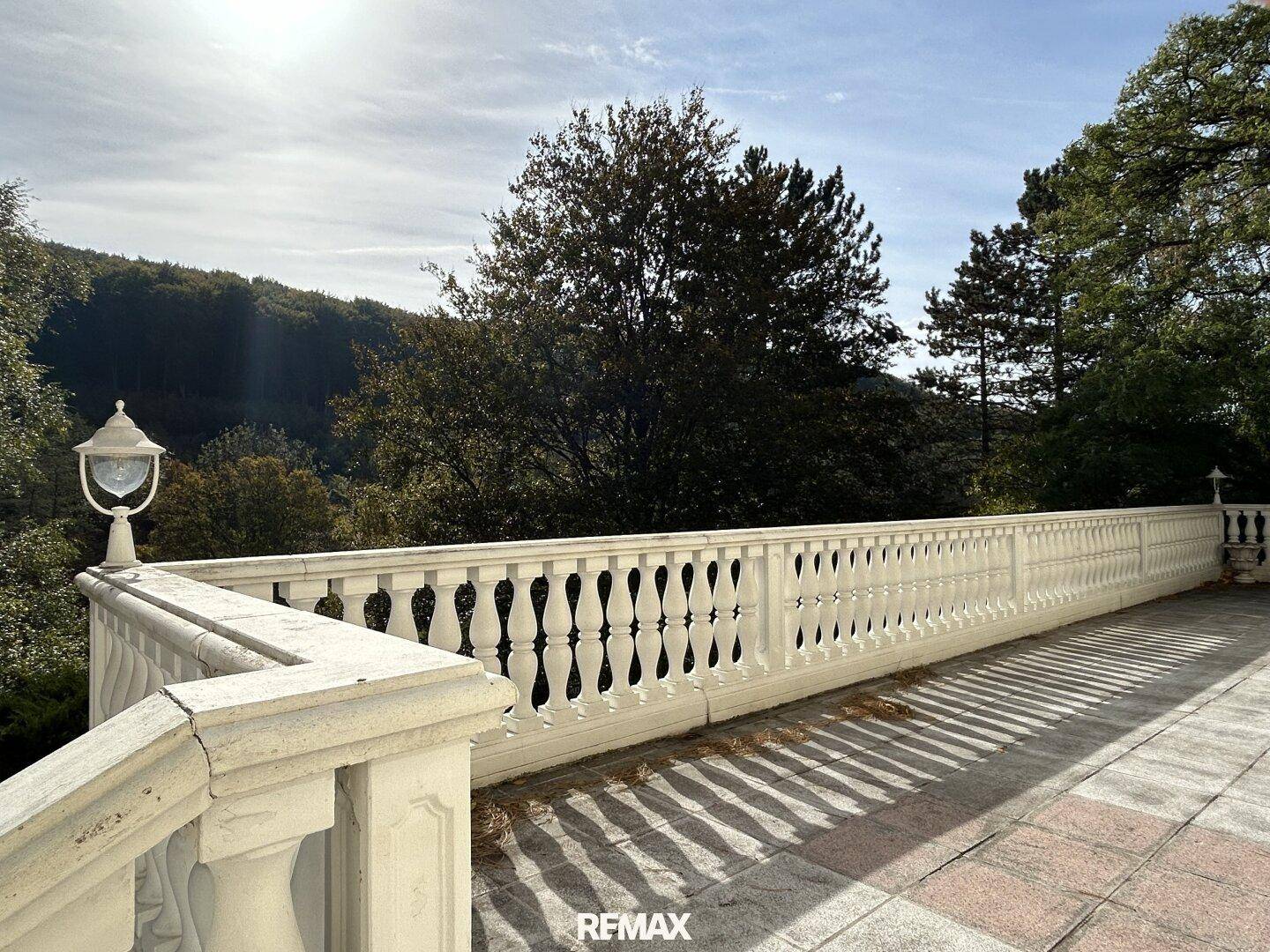 Große gepflasterte Terrasse mit klassischer Balustrade und weitem Blick in die Natur.