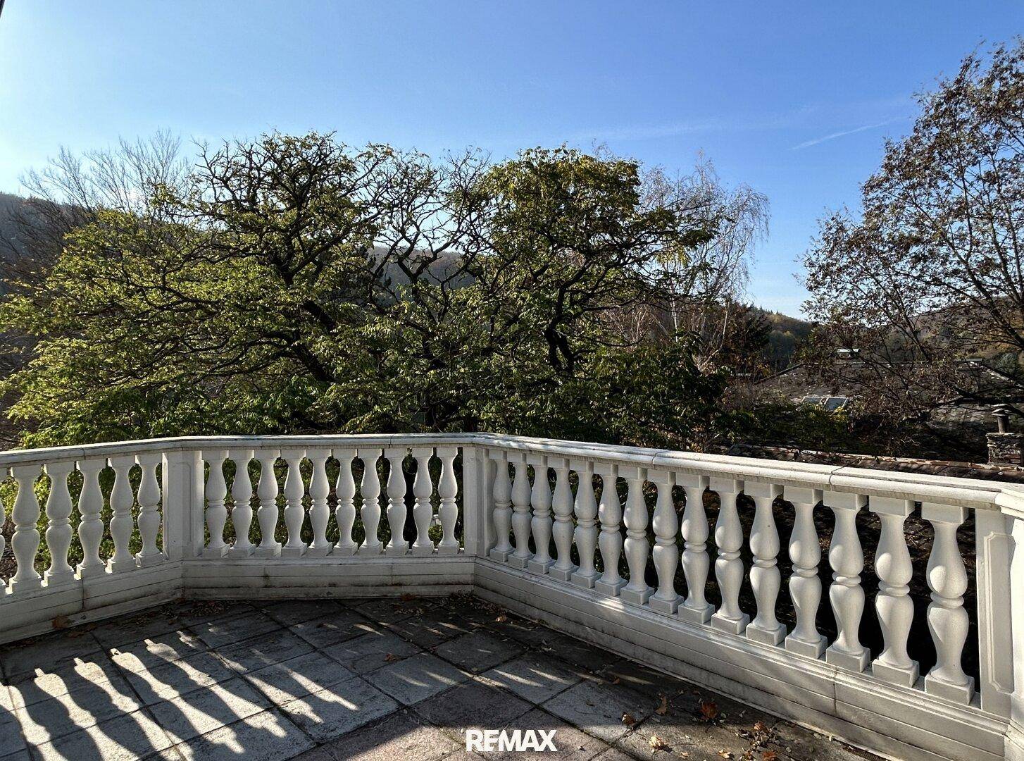 Großer Balkon mit klassischem Geländer und weitem Blick auf die umliegende Natur.