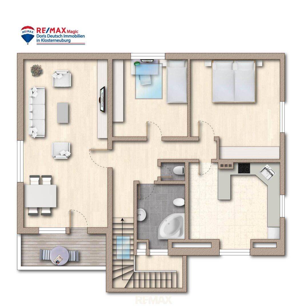 Grundriss einer Etage mit Wohnzimmer, Essbereich, Küche, zwei Schlafzimmern, Bad, separatem WC und Terrasse.