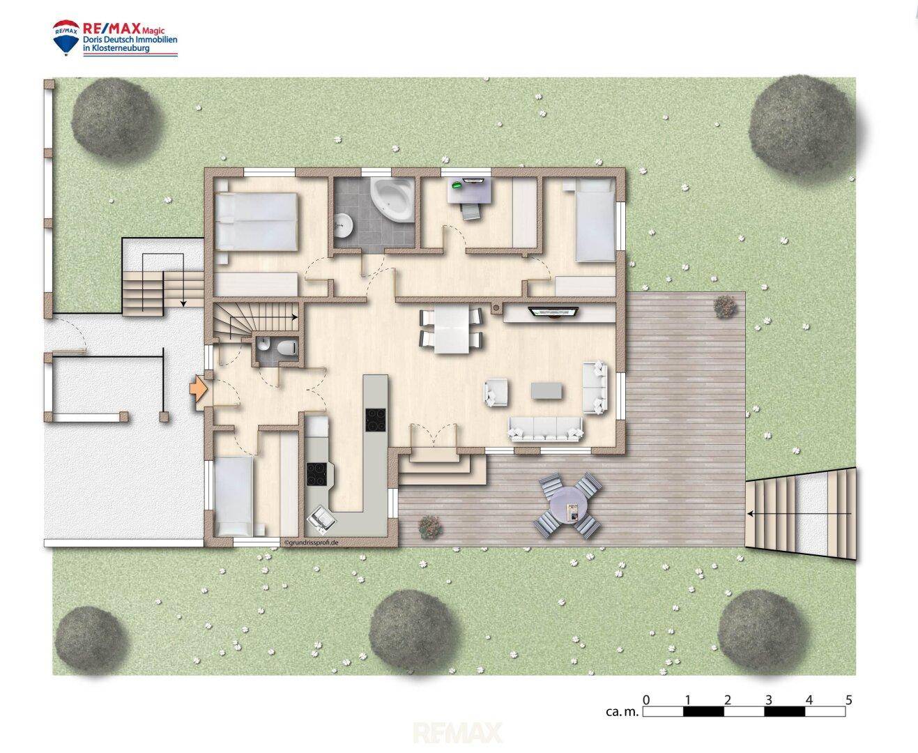 Detaillierter Grundriss des Erdgeschosses mit offenem Wohnbereich, Schlafzimmer und großer Terrasse.