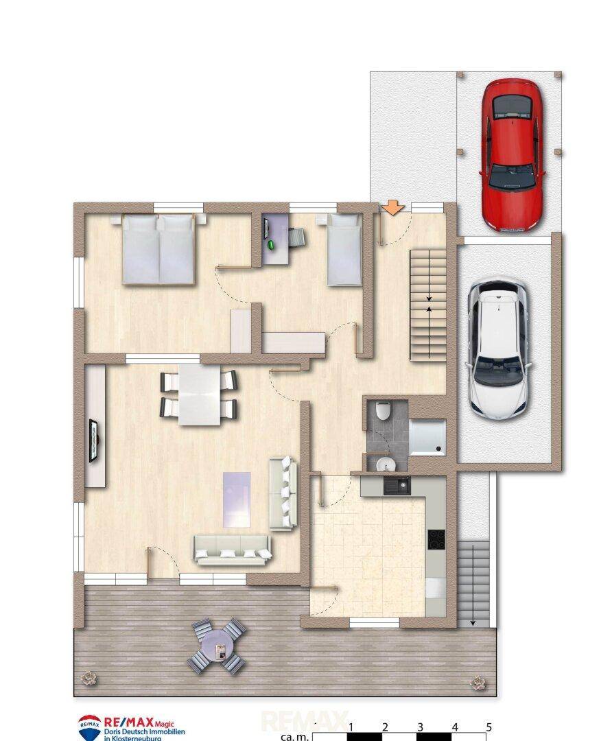 Grundriss des Erdgeschosses mit offenem Wohn-Essbereich, Küche, zwei Schlafzimmern, Bad, WC und Terrasse.