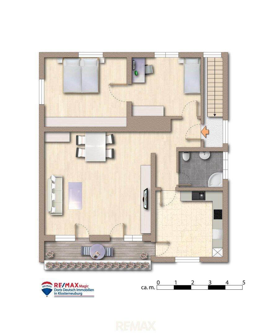 Grundriss des Obergeschosses mit Wohn-Essbereich, Küche, zwei Schlafzimmern, Bad, WC und einem Balkon.