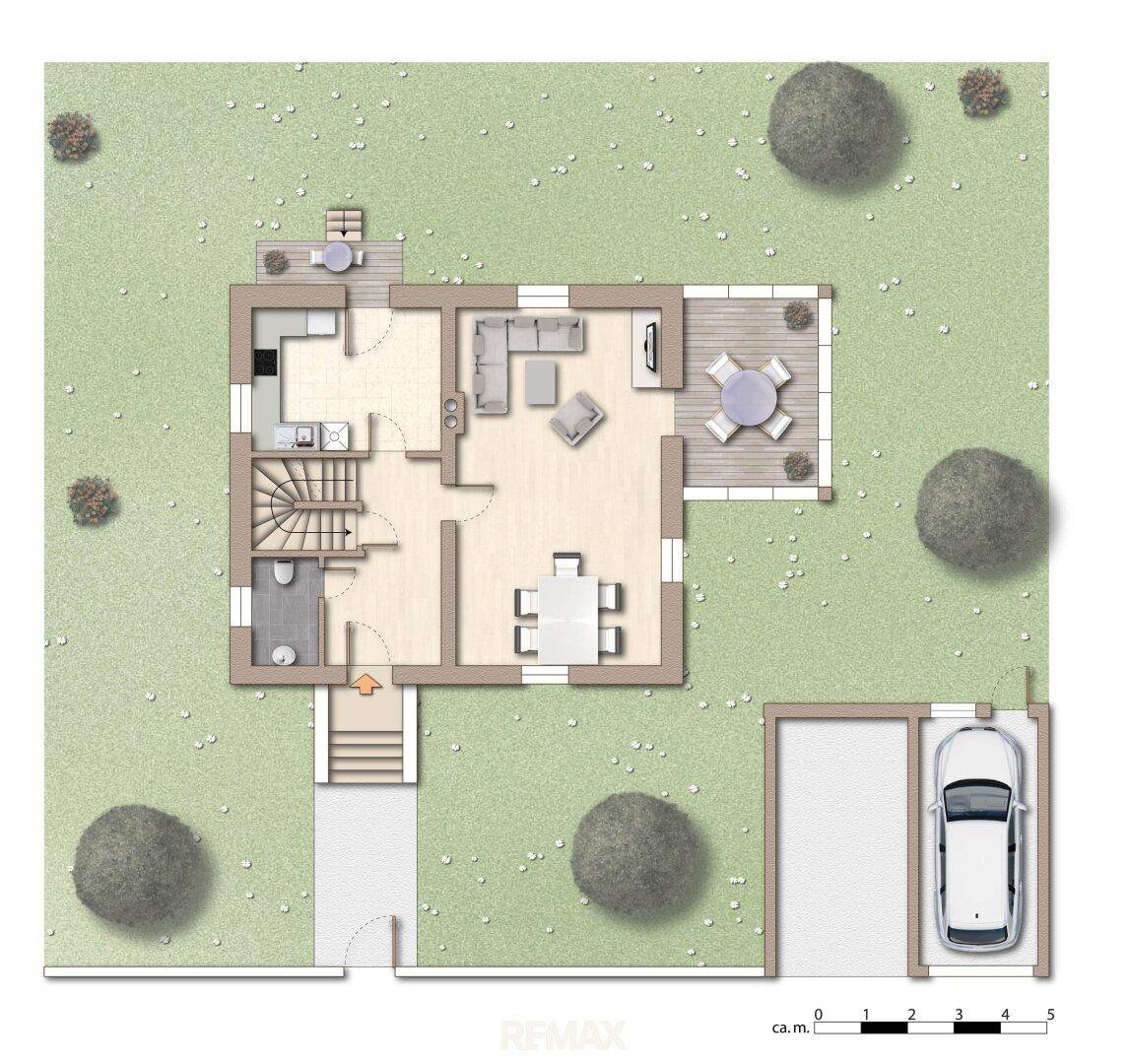 Grundriss des Erdgeschosses mit offenem Wohnbereich, Küche, Esszimmer und Zugang zu zwei Terrassen sowie Garage.