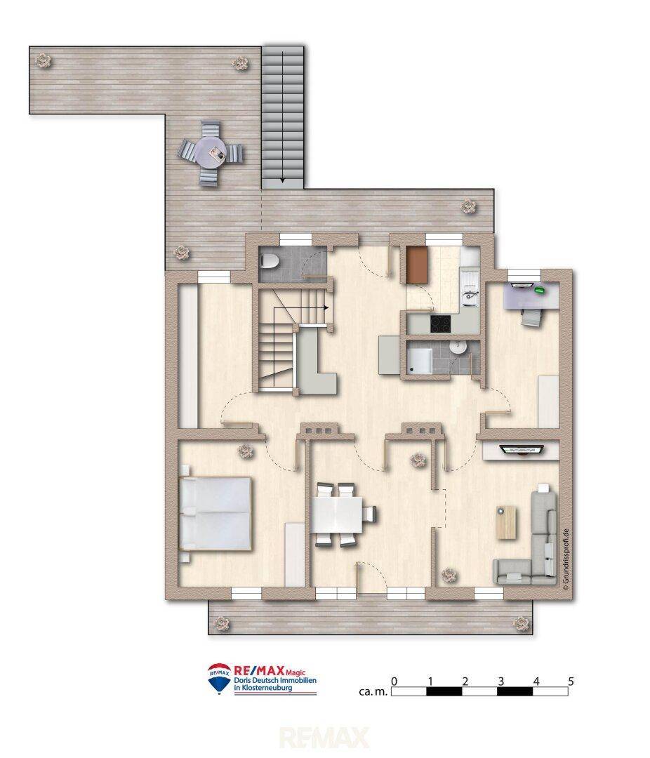 Grundriss mit Schlafzimmer, Wohnbereich, Küche und großer Terrasse.