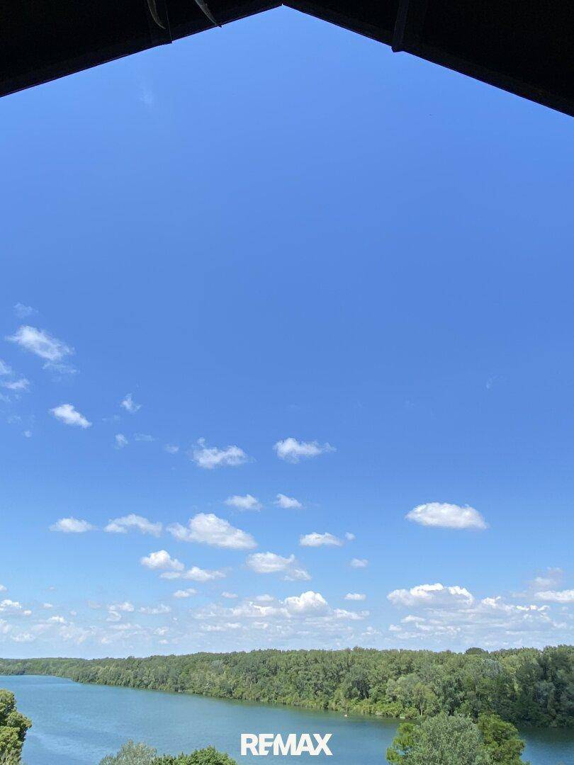 Blauer Himmel mit weißen Wolken über einem weiten See und grünen Wäldern.