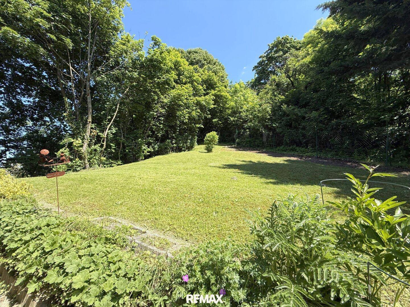 Großer, gepflegter Gartenbereich mit Rasenfläche und umgebenden Bäumen.