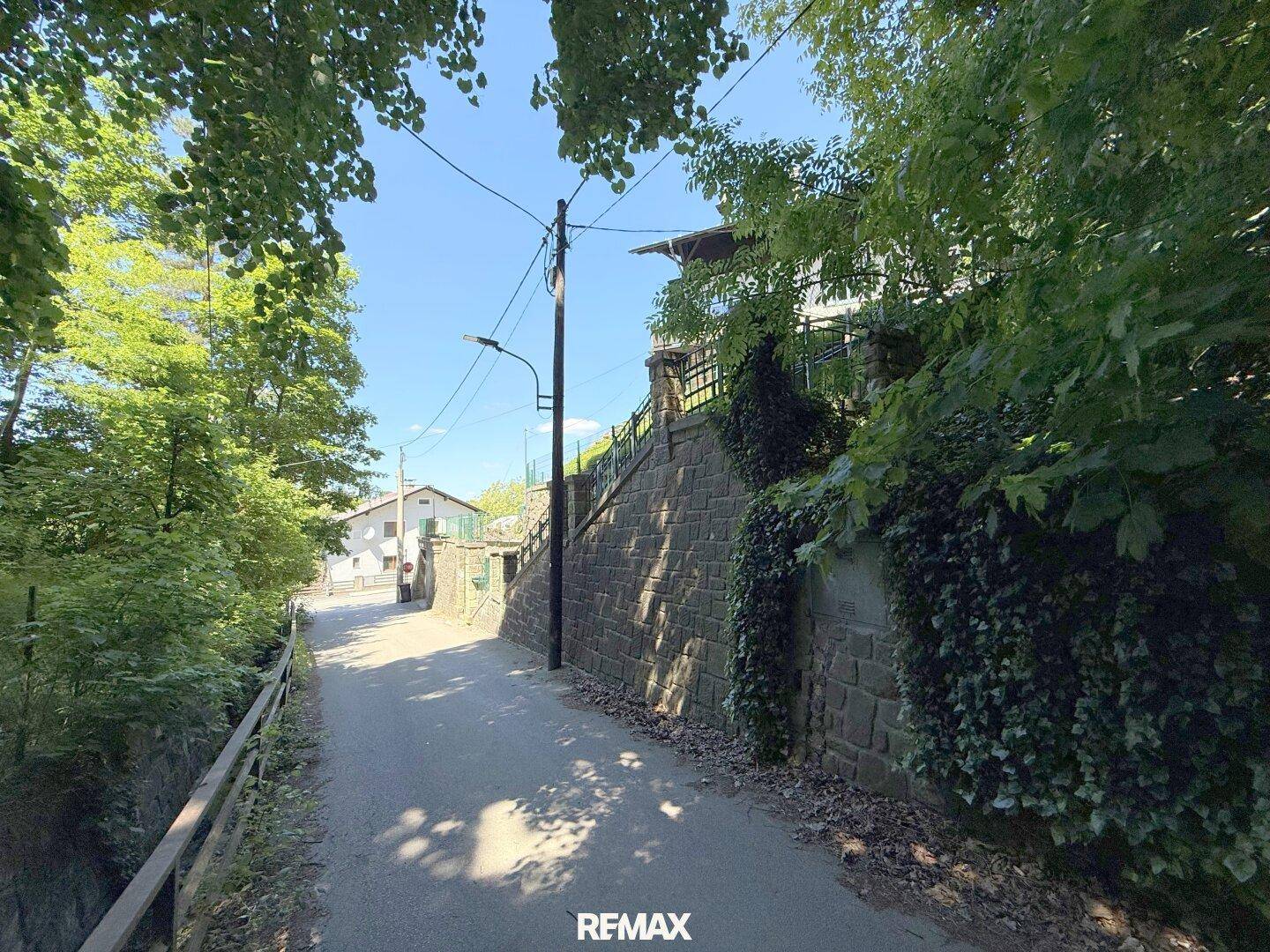 Schmaler Weg entlang einer bewachsenen Steinmauer in ländlicher Umgebung.