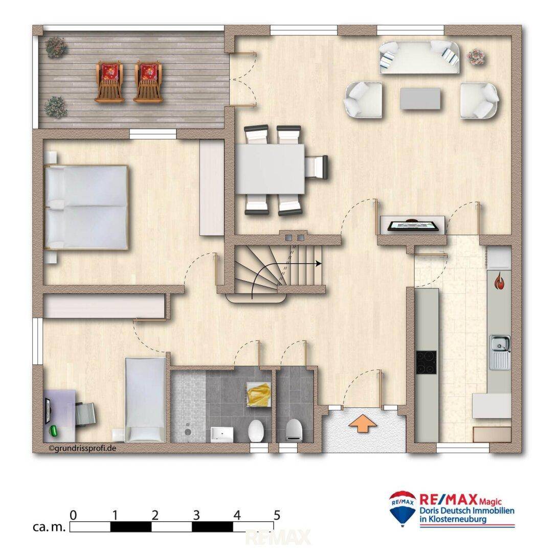 Detaillierter Grundriss des Erdgeschosses mit Wohn-, Ess- und Schlafbereichen sowie Terrasse.