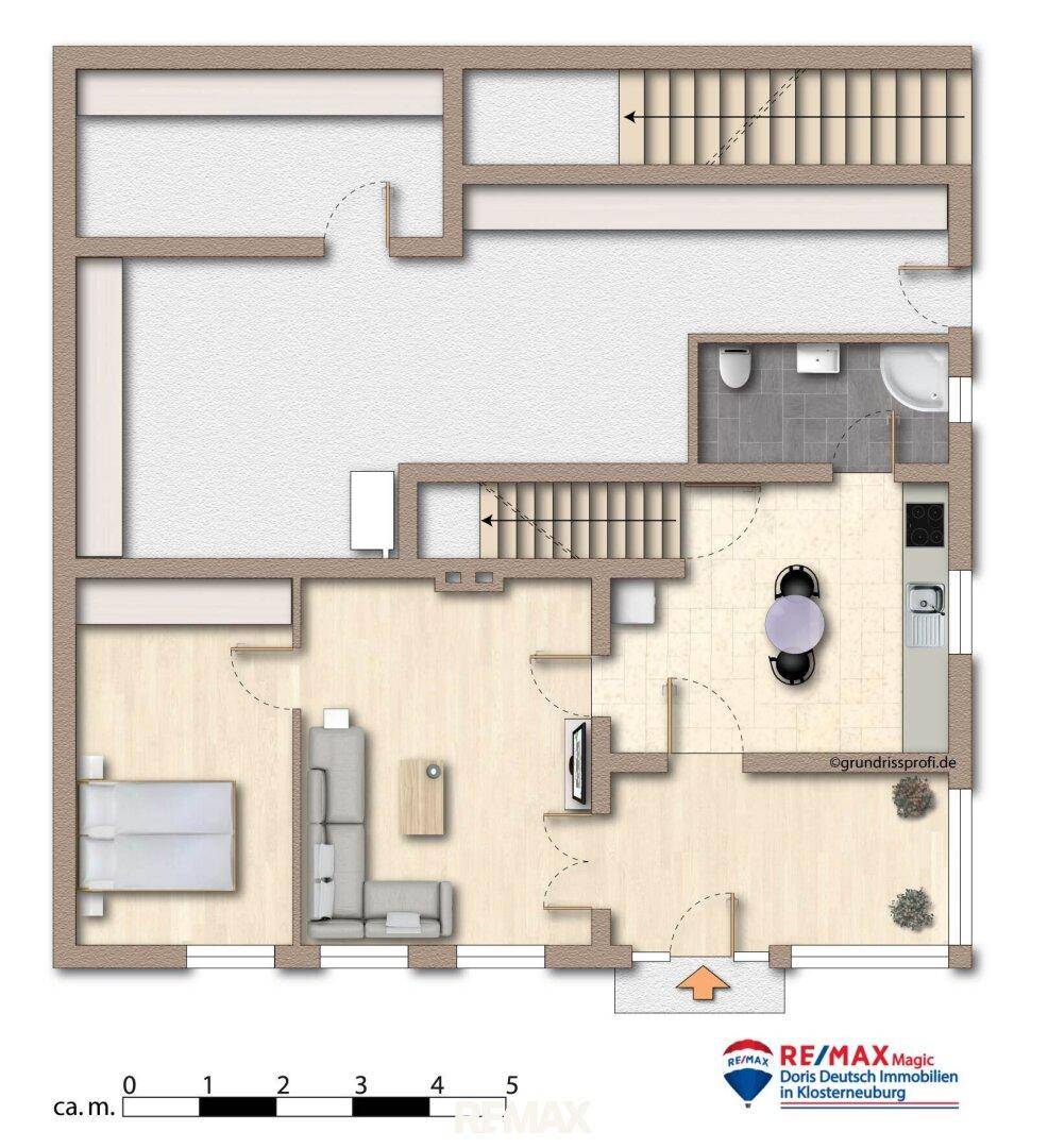 Grundriss des Untergeschosses mit Schlafzimmer, Wohnbereich und Badezimmer.