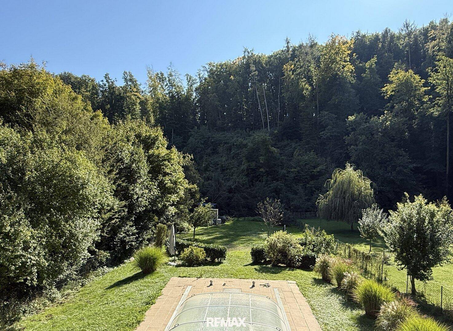 Weitläufiger Garten mit Pool und üppiger Vegetation, umgeben von Wald.