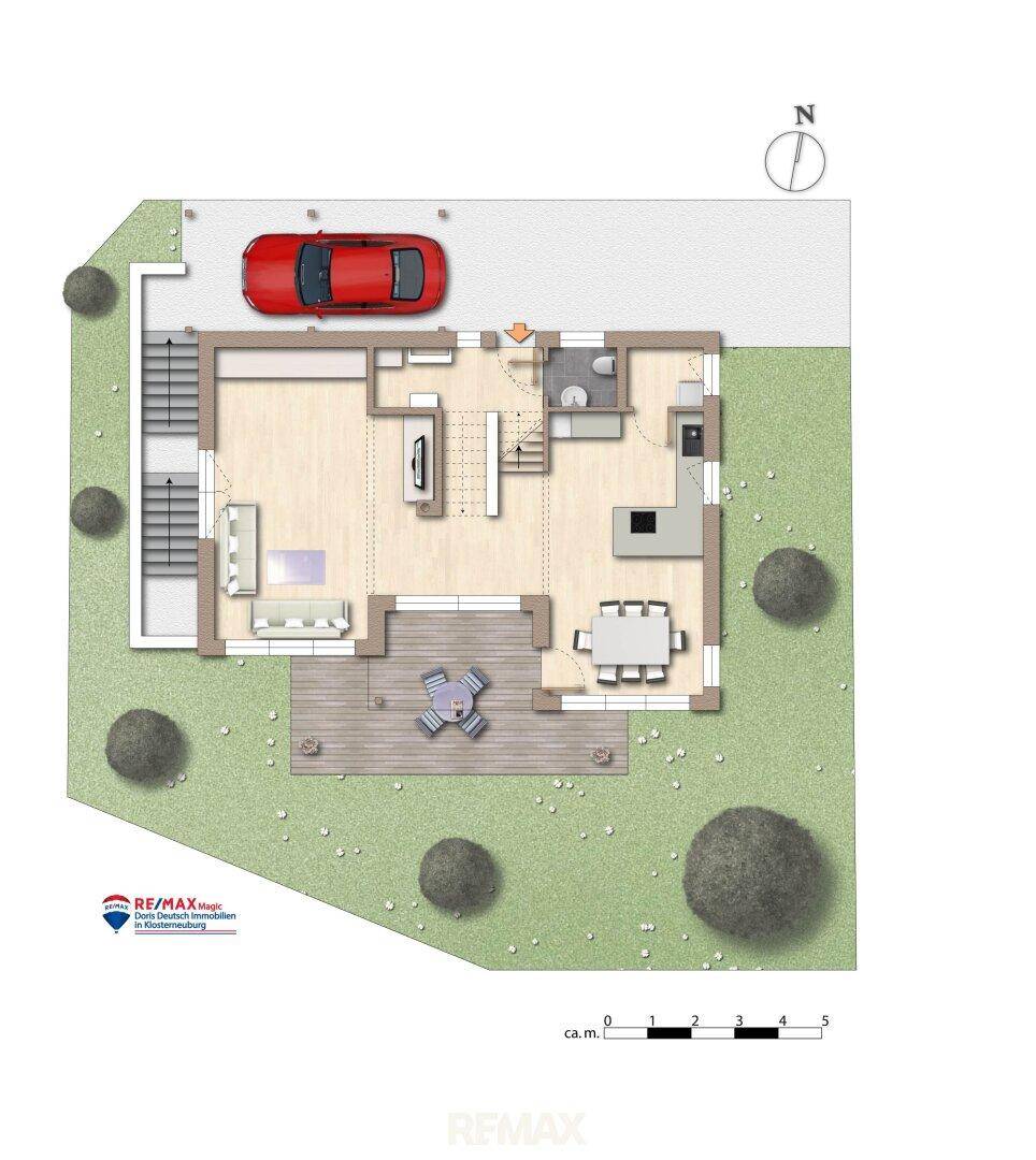 Grundriss des Erdgeschosses mit offenem Wohnbereich, Küche, Terrasse und Außenparkplatz.