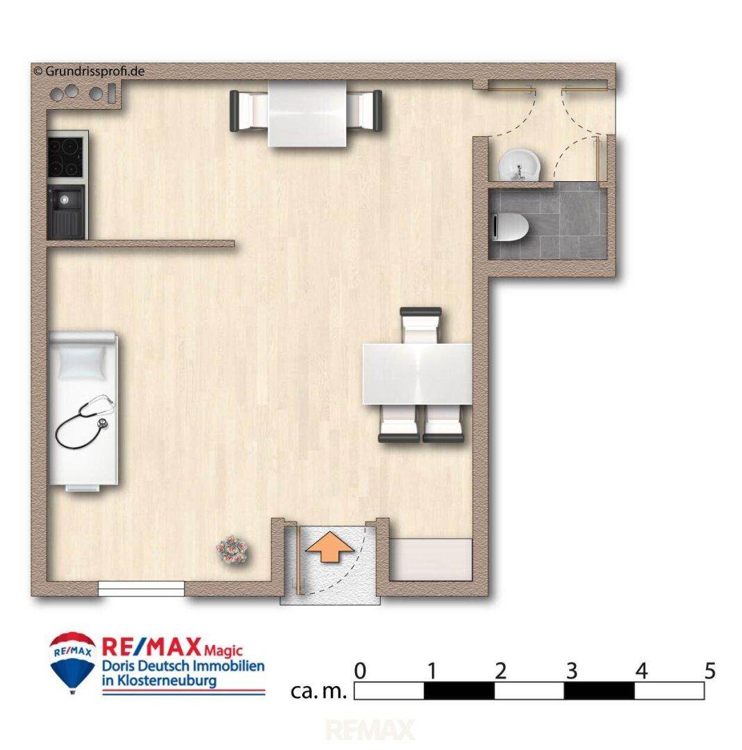 Übersichtlicher Grundriss einer Wohnung mit offenem Wohnbereich, Bad und Küchenzeile.
