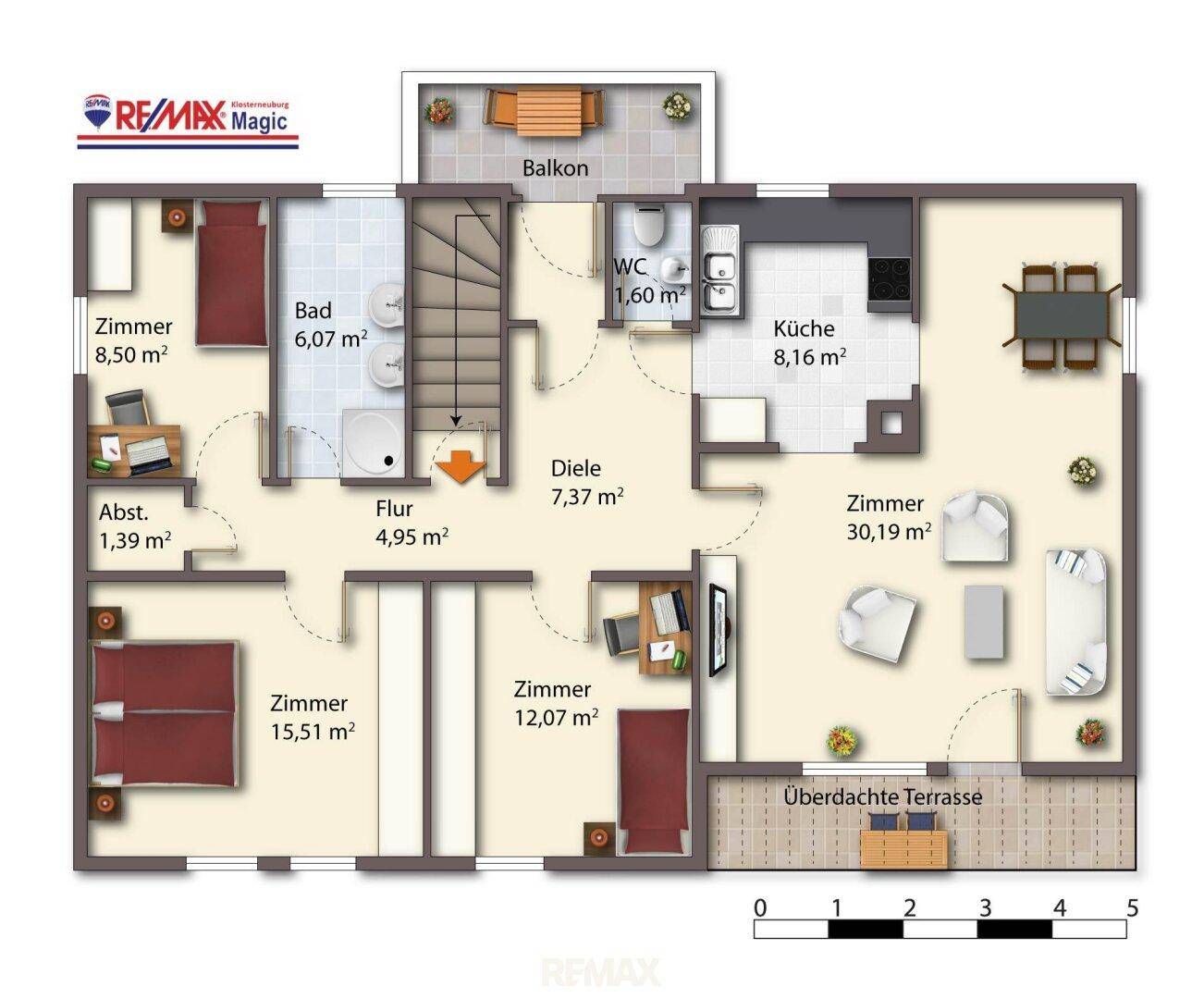 Grundriss der oberen Etage mit Schlafzimmern, Bad, Küche, Wohnzimmer und überdachter Terrasse.