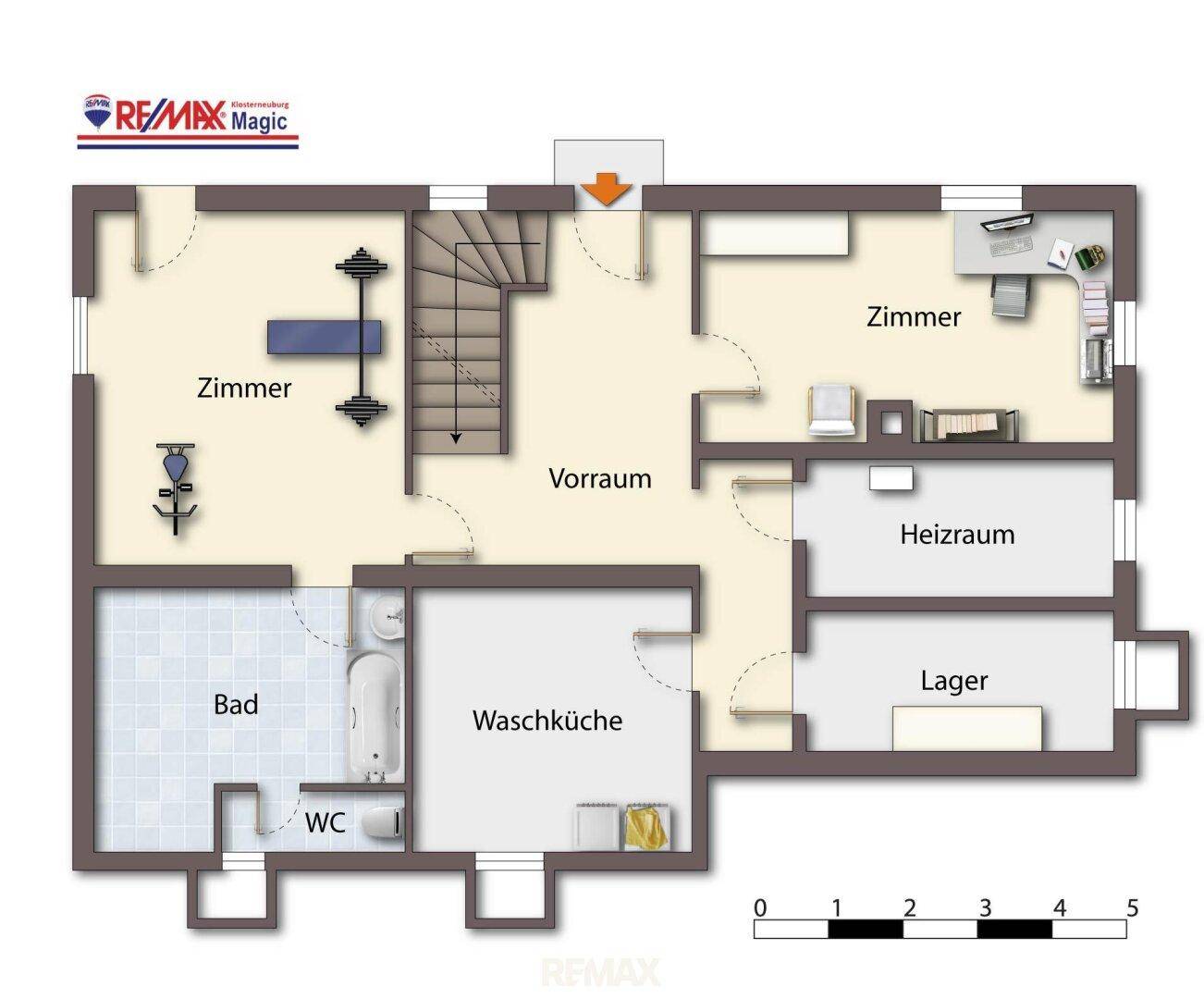 Grundriss des Untergeschosses mit Zimmern, Bad, WC, Waschküche und Lagerraum.