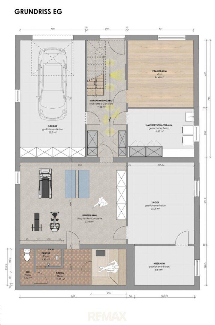 Grundriss des Erdgeschosses mit Garage, Fitnessraum, Sauna und Hauswirtschaftsraum.