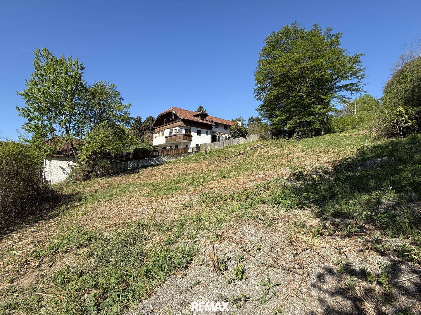 Großes Grundstück mit Blick auf ein charmantes Haus im traditionellen Stil und alte Bäume.