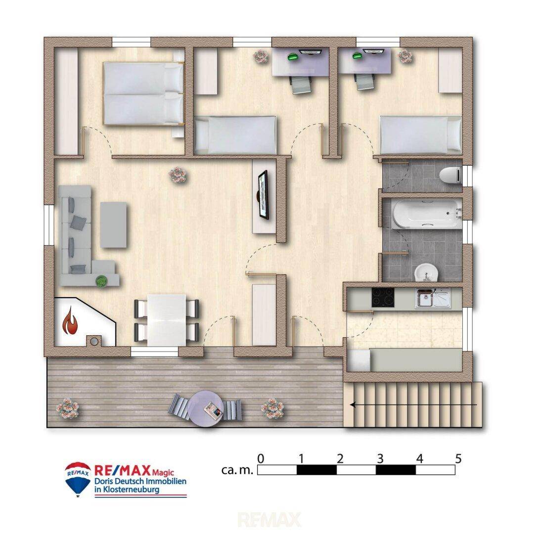 Grundriss einer Etage mit Wohnbereich, drei Schlafzimmern, zwei Bädern und Balkon.