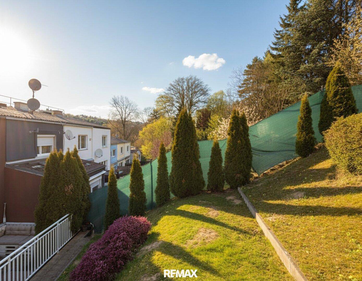 Sonniger Gartenbereich mit Hecken und Blick auf die umliegenden Häuser.