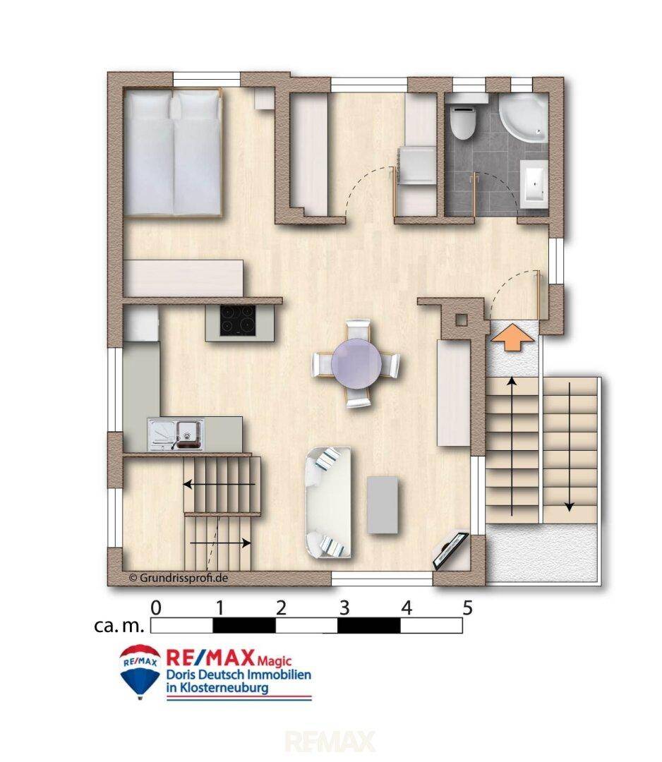 Grundriss des Obergeschosses mit Schlafzimmer, Bad, Küche und offenem Wohnbereich.