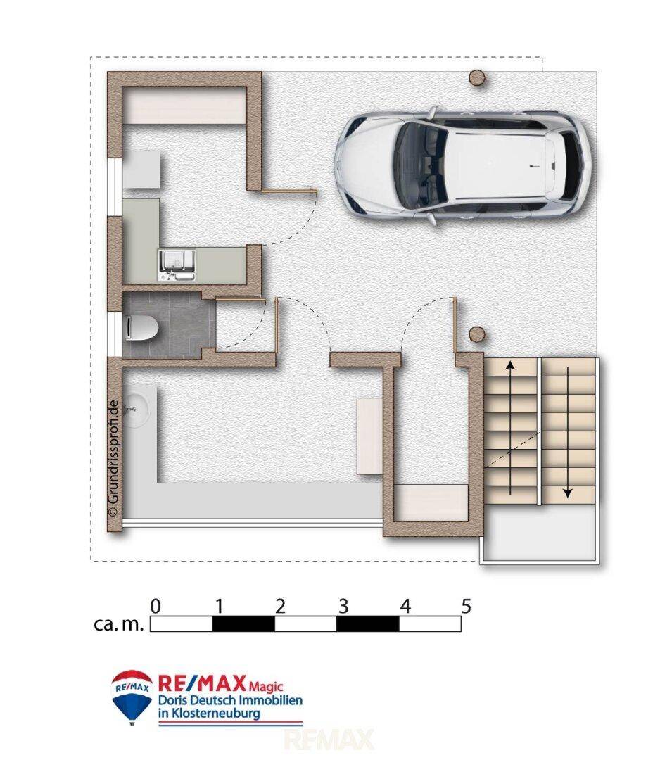 Grundriss des Erdgeschosses mit Garage, Eingangsbereich und Treppenzugang.