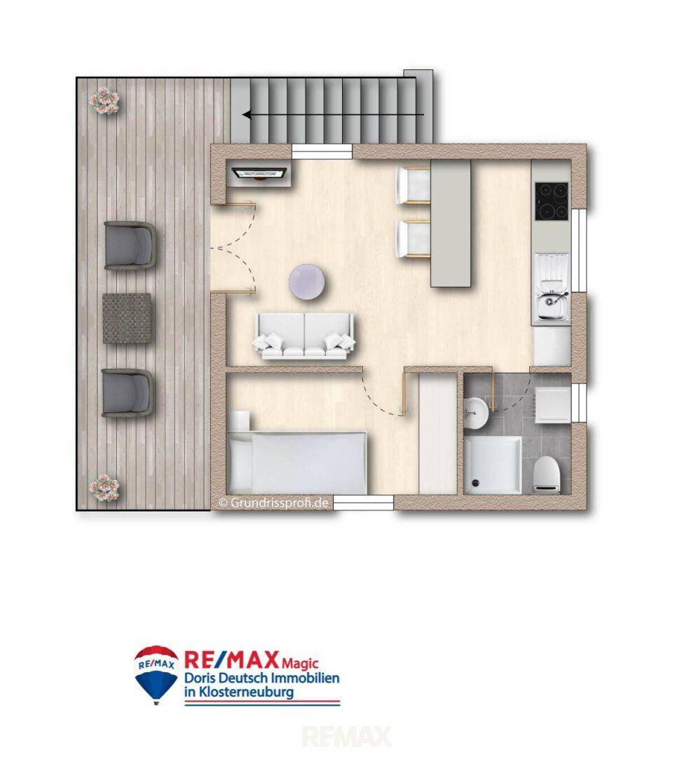 Grundriss des Obergeschosses mit offenem Wohnbereich, Schlafzimmer und Terrasse.