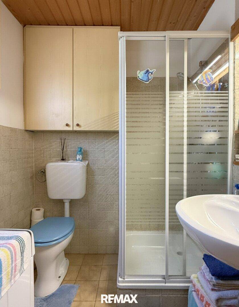 Kleines Badezimmer mit Dusche, WC und hellen Fliesen im traditionellen Stil.