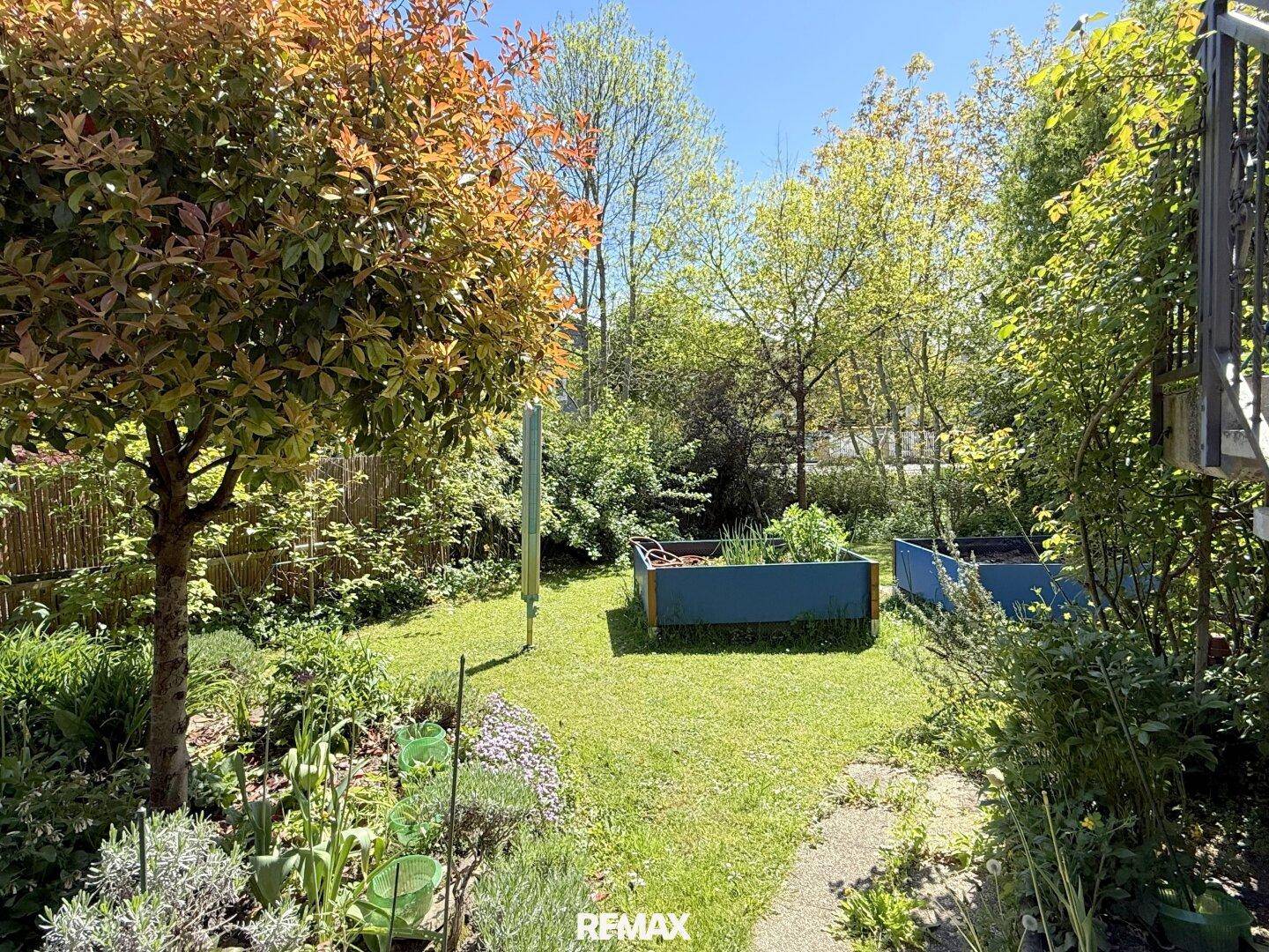 Idyllischer Gartenbereich mit Bäumen, Sträuchern und Hochbeeten unter blauem Himmel.