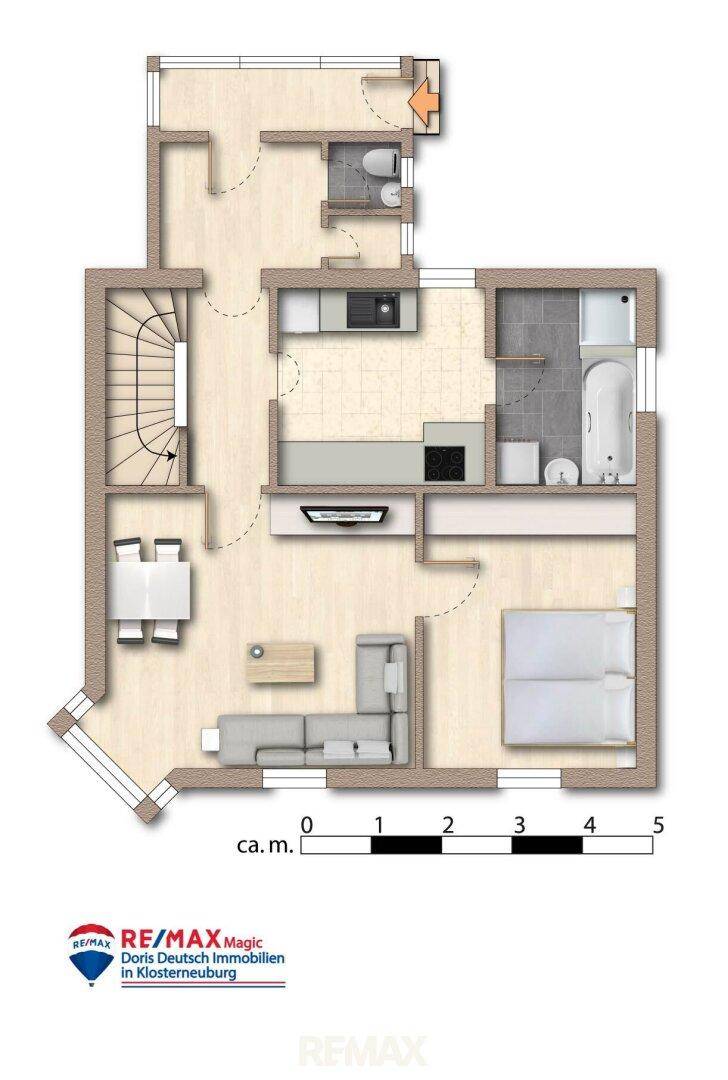 Detaillierter Grundriss des Erdgeschosses mit Wohnbereich, Schlafzimmer und zwei Bädern.