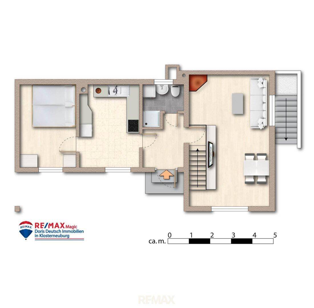 Grundriss des Erdgeschosses mit Schlafzimmer, Bad und offenem Wohnbereich.