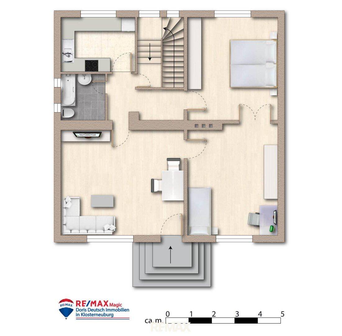 Grundriss des Erdgeschosses mit Wohnbereich, Schlafzimmer und Badezimmer.