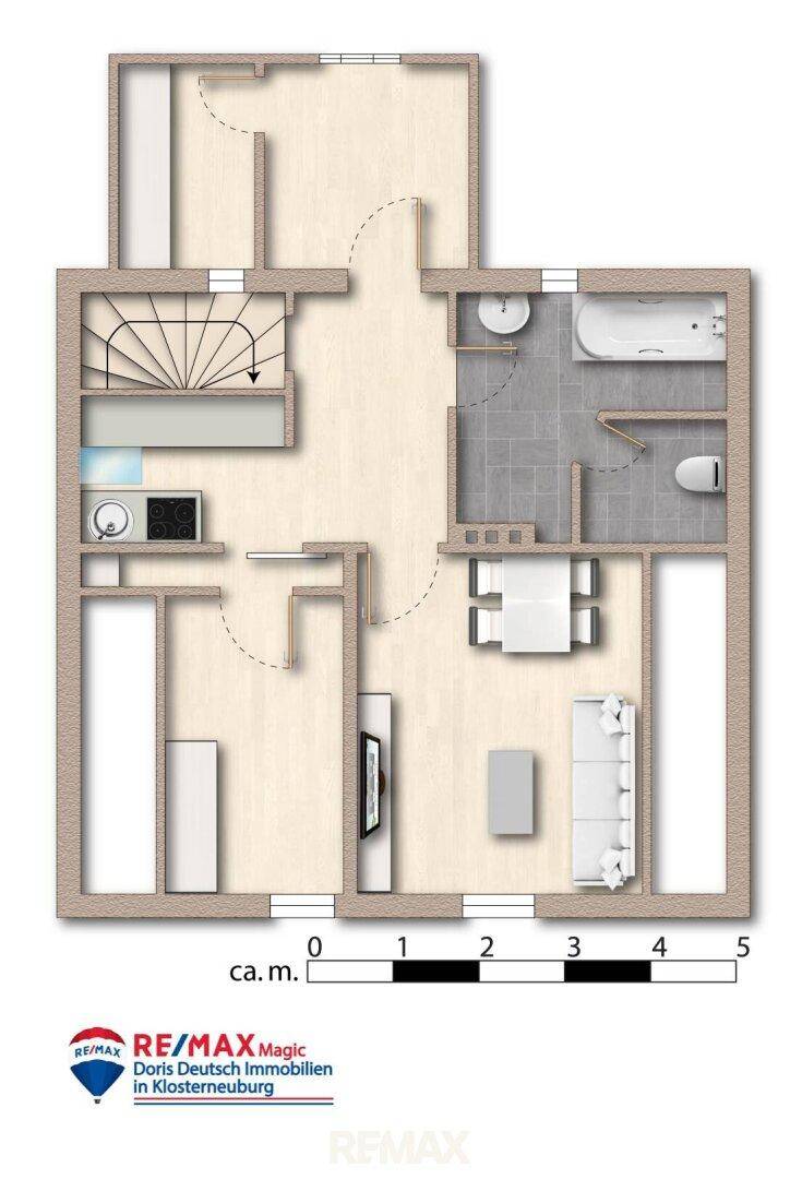 Grundriss des Obergeschosses mit Schlafzimmer, Bad und Treppenaufgang.