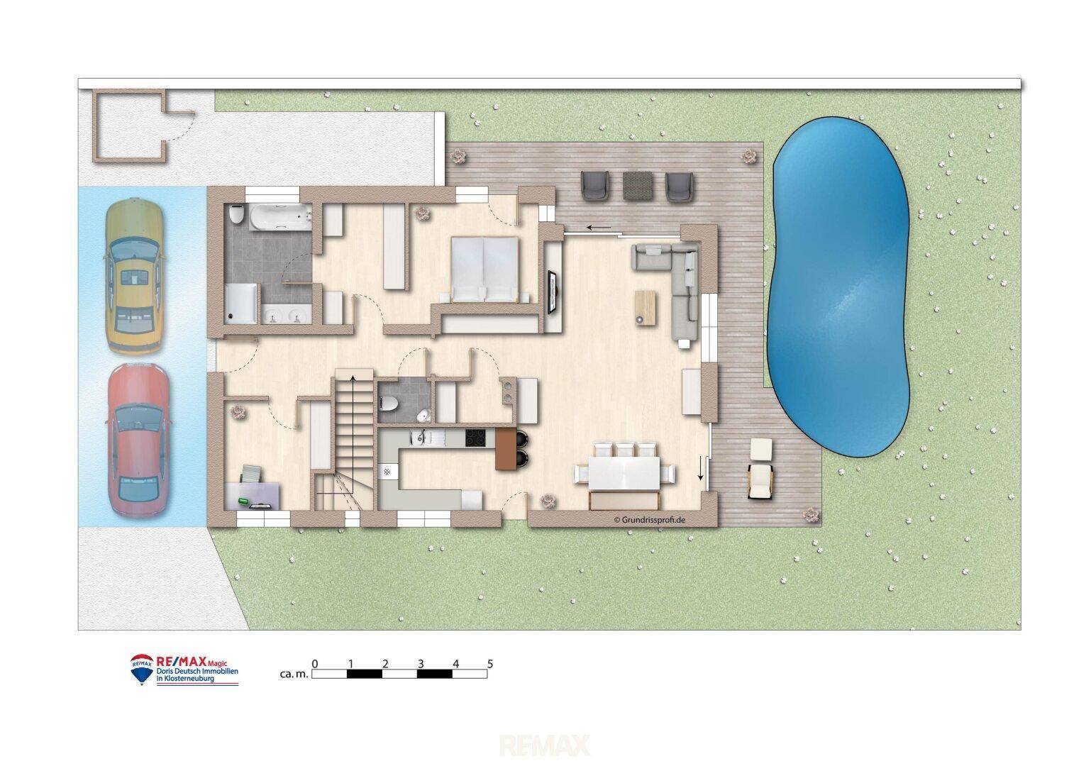 Grundriss des Erdgeschosses mit offenem Wohnbereich, Schlafzimmern, Pool und Parkplätzen.