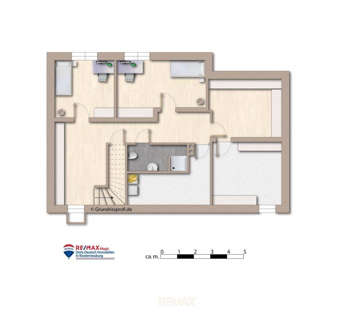 Grundriss des Obergeschosses mit Schlafzimmern und Badezimmern.