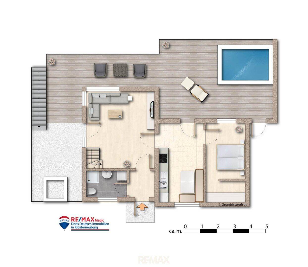 Grundriss der oberen Etage mit Wohnbereich, Schlafzimmer, Bad und Terrasse mit Pool.
