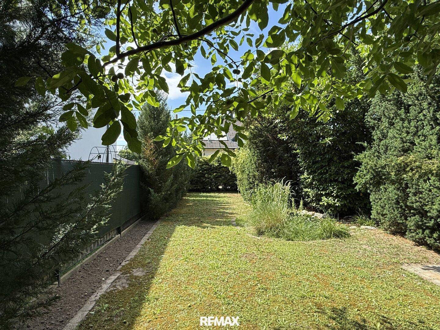Langer, gepflegter Rasenweg im Garten, gesäumt von hohen Hecken und Bäumen unter blauem Himmel.