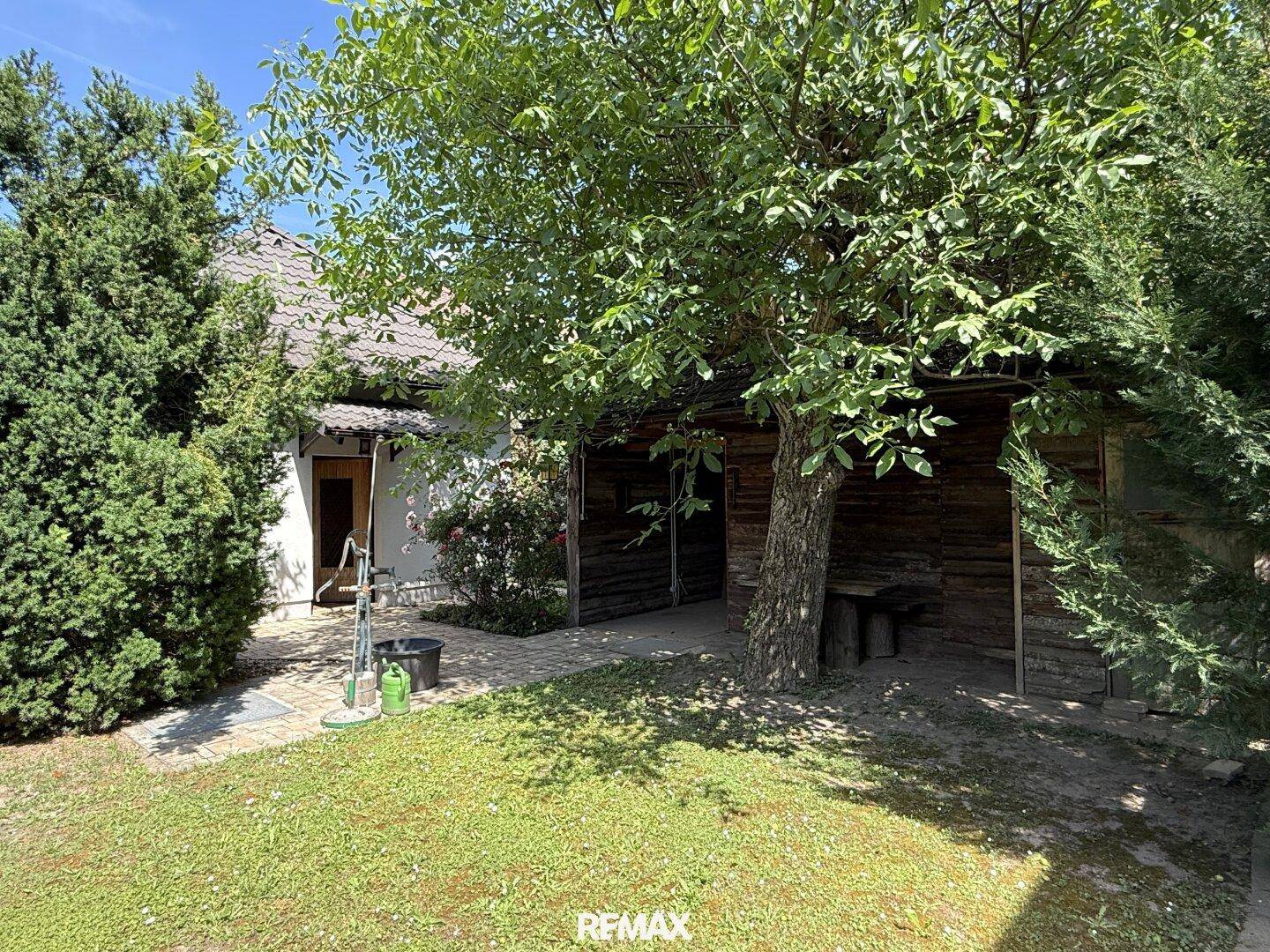 Rustikales Holzhaus im Garten unter einem großen Baum, mit gepflastertem Bereich und Grünfläche.