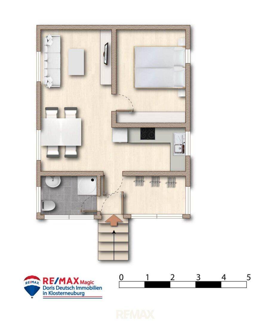 Grundriss einer Wohnung mit Wohnbereich, Schlafzimmer, Küche und Badezimmer.