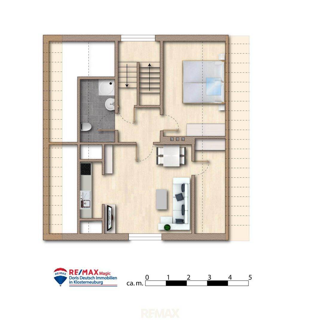 Grundriss des Dachgeschosses mit Schlafzimmer, Bad und offenem Wohnbereich.