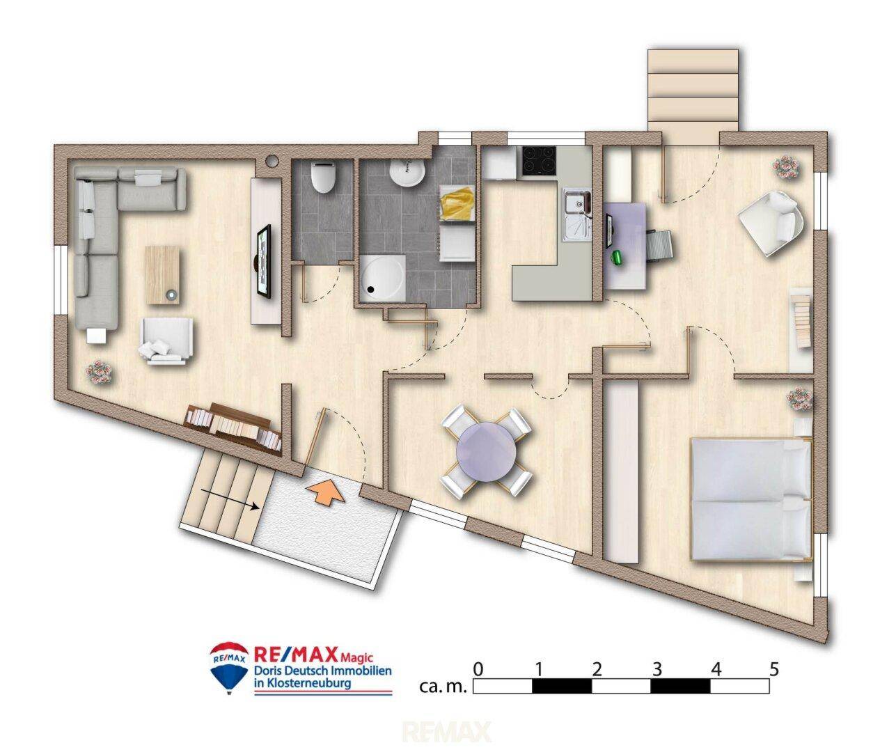 Grundriss des Untergeschosses mit Wohnbereich, Schlafzimmer und Badezimmer.