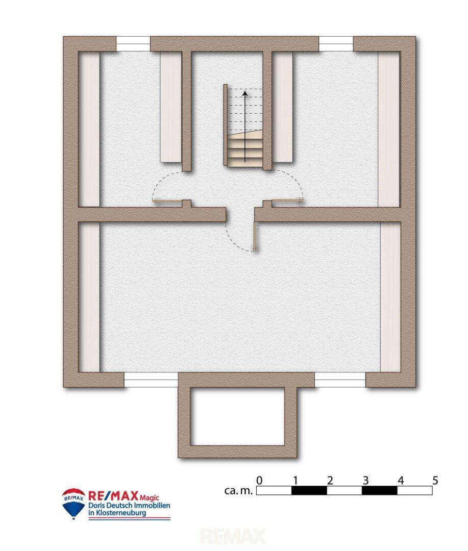 Grundriss mit Treppe und mehreren Räumen, der eine einfache Raumaufteilung zeigt.