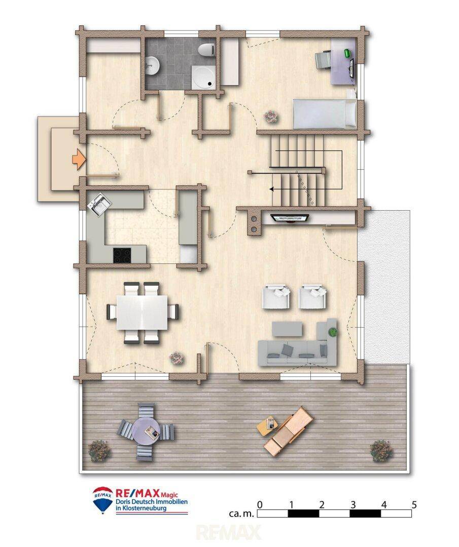 Grundriss des Erdgeschosses mit Wohnbereich, Küche, Esszimmer und Terrasse.