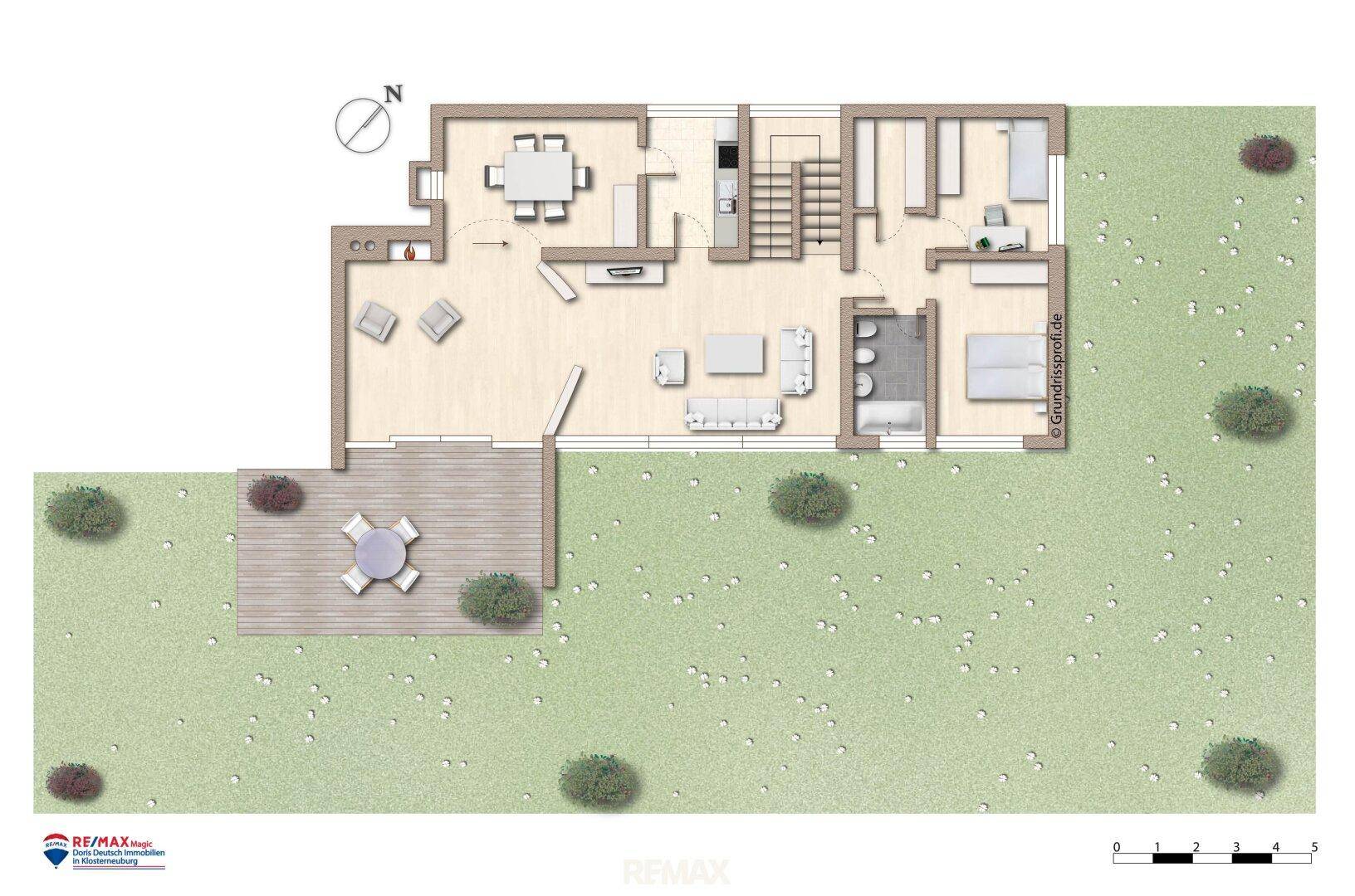 Grundriss des Erdgeschosses mit offenem Wohnbereich, Terrasse und Garten.
