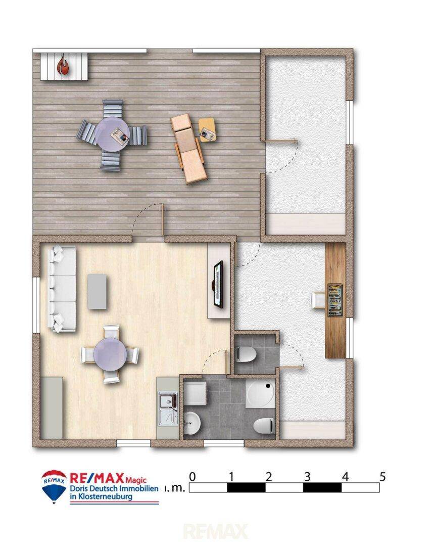 Grundriss einer weiteren Etage mit Wohnbereich, Bad, Schlafzimmer und Terrasse.