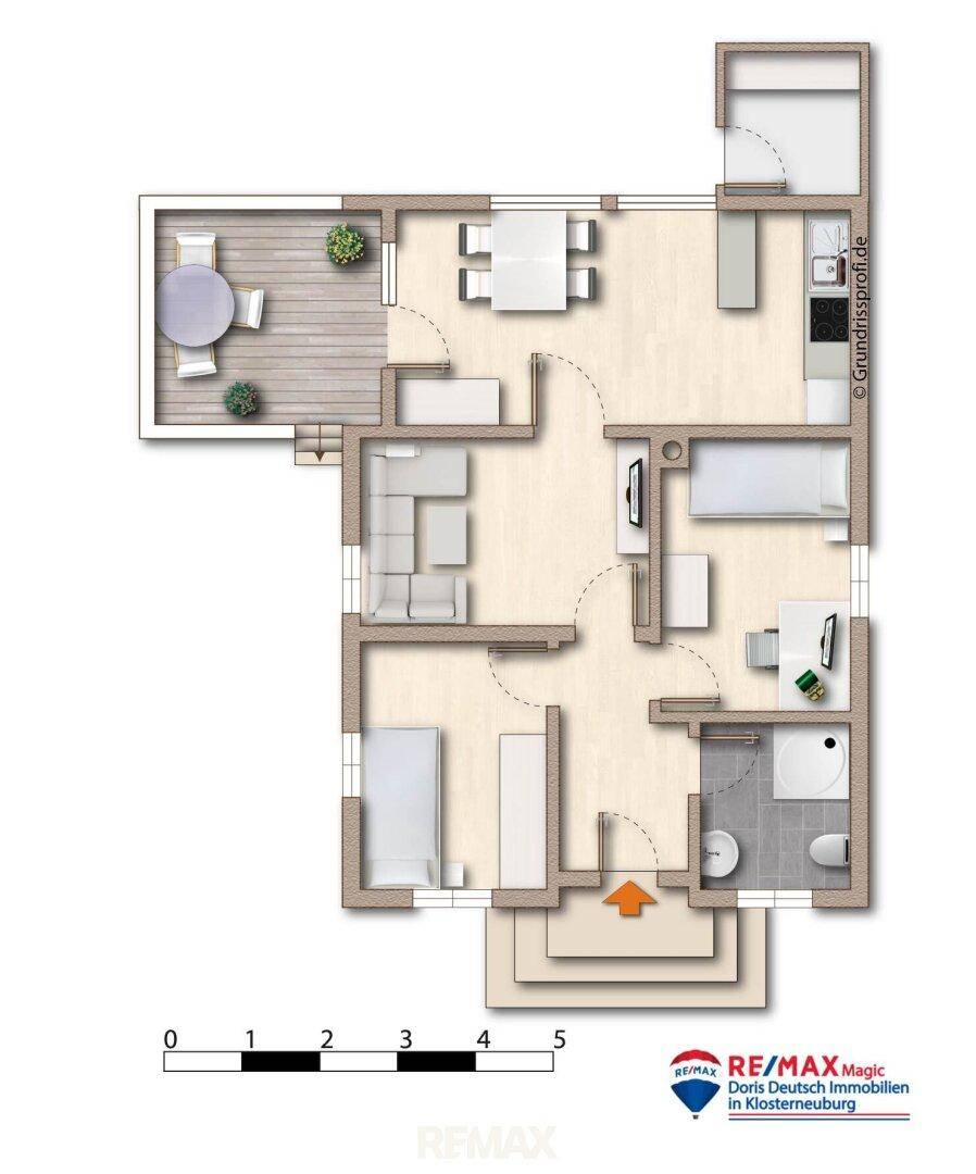 Detaillierter Grundriss der Immobilie mit Raumaufteilung und Terrasse.
