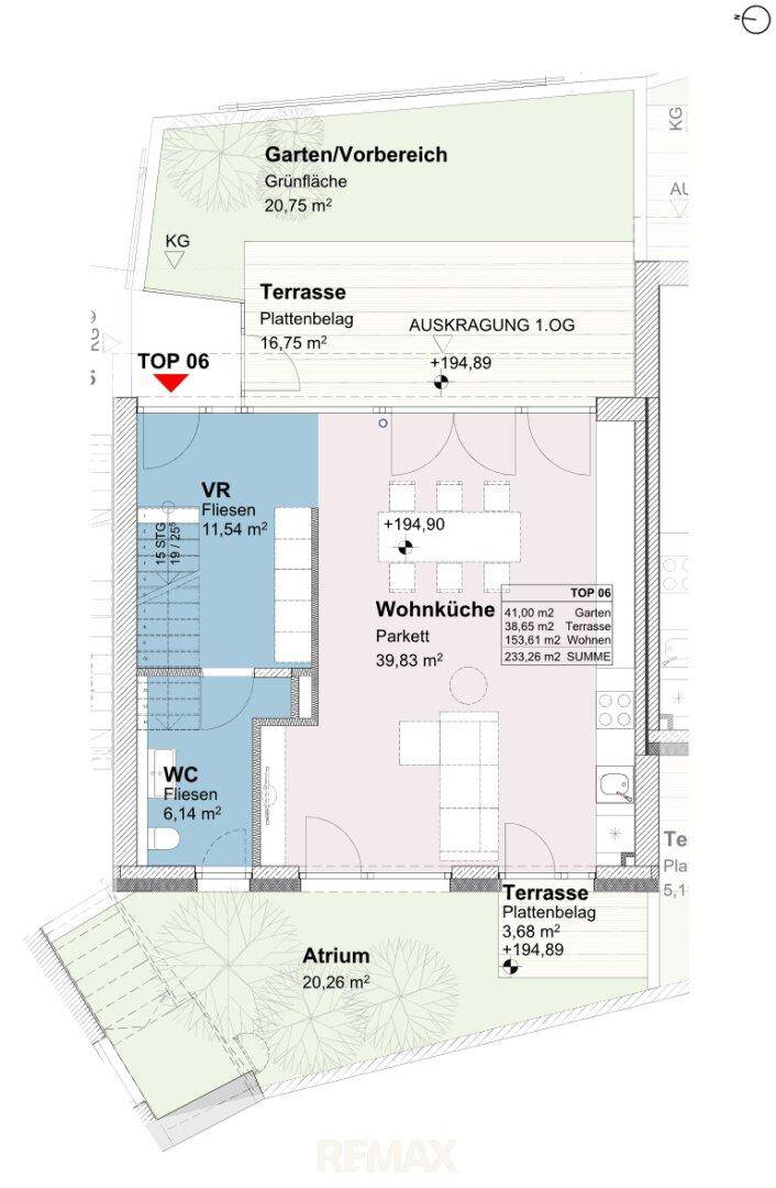 Grundriss der Wohnung TOP 06 mit Wohnküche, Terrasse und Gartenbereich.