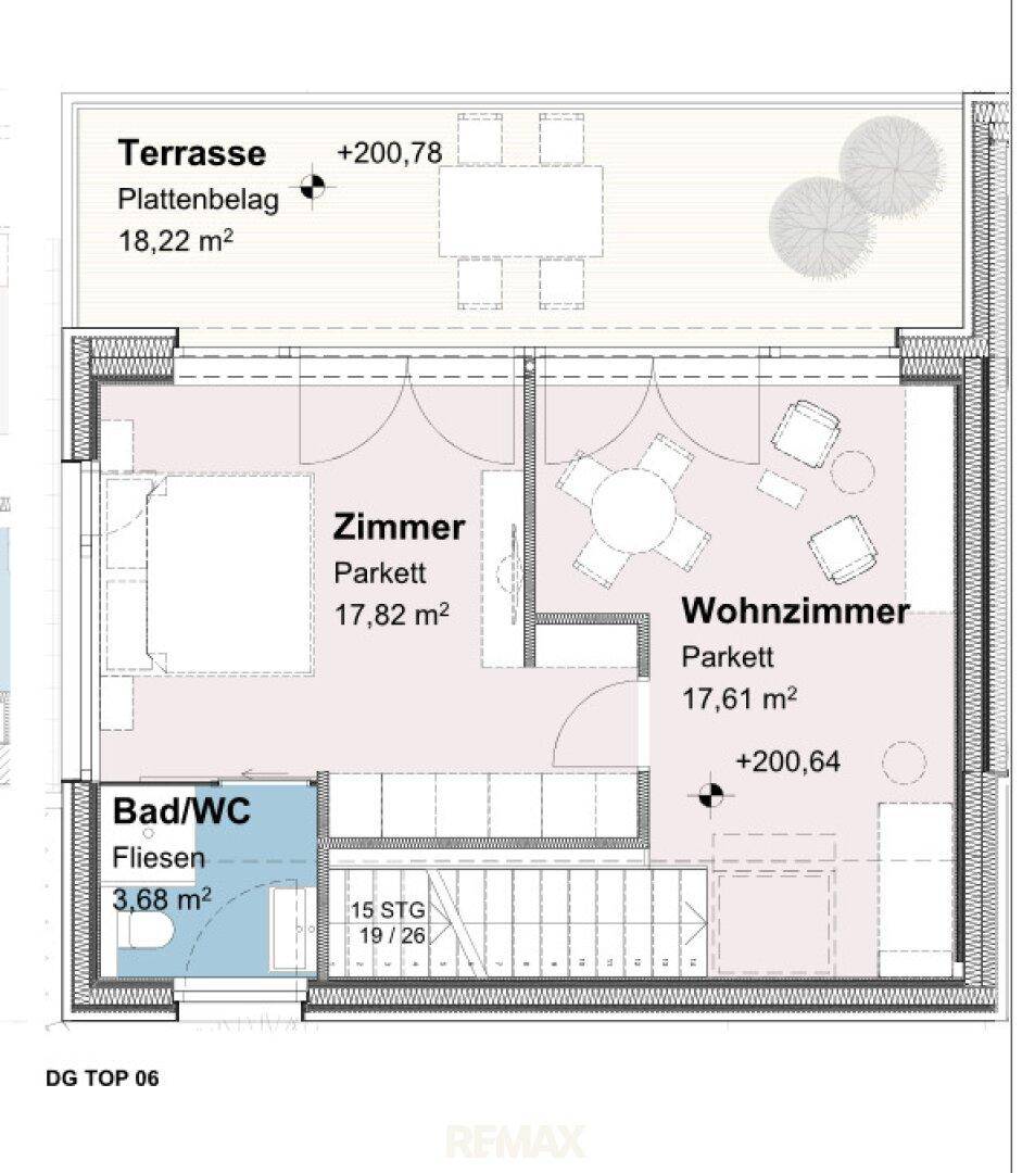 Grundriss des Dachgeschosses mit Wohnzimmer, Schlafzimmer, Badezimmer und einer großen Dachterrasse.