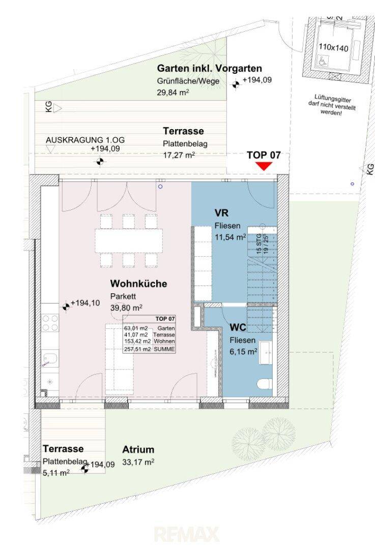 Grundriss der Wohnung Top 07 mit Wohnküche, Terrasse, Garten und Atrium.